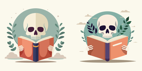 Illustrations of a Skull Reading a Book, Symbolizing Knowledge and Mortality