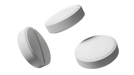 Three white pharmaceutical pills floating in the air on a black background