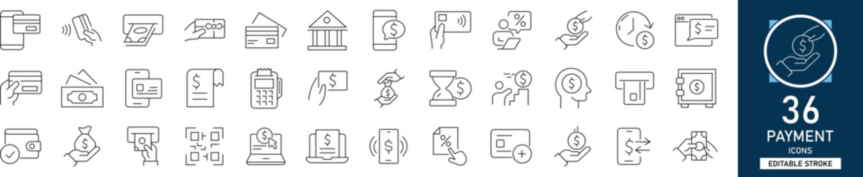 Payment line icon set featuring credit card, cash wallet, bank transaction, mobile pay, and currency exchange vector symbols.
