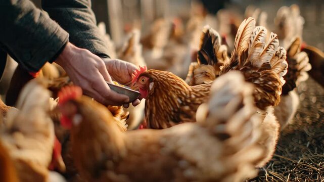 Feeding Chickens on a Farm with a Handful of Grain in a Rural Setting