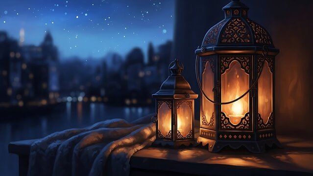 Magical nighttime view of a city skyline with glowing lanterns and starry sky - Powered by Adobe