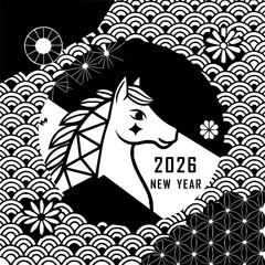 2026 New Year Horse Illustration Japanese Style