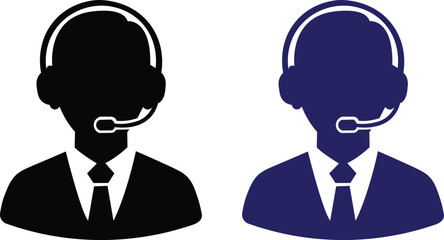 Vector art of customer service agent icons with headsets and ties in black and blue silhouettes