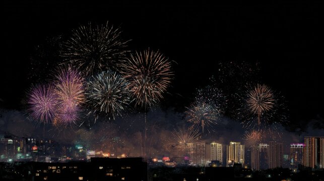 Night sky filled with colorful fireworks. the sky is dark and the fireworks are bursting in different colors, creating a beautiful display of light and color. - Powered by Adobe