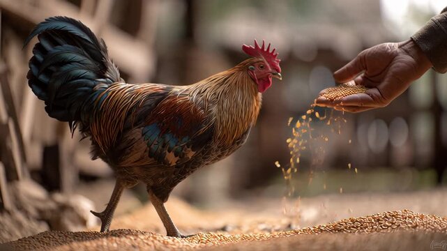 Feeding a Rooster on a Farm with Grain and Dust Flying in a Rustic Setting