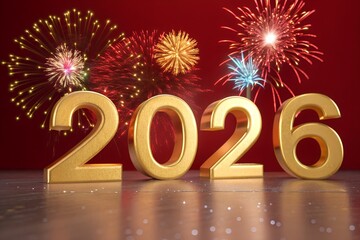 Luxury Golden 3D Number '2026' with Vibrant Fireworks on Red Background for New Year's Eve