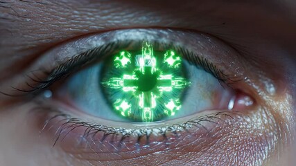 A captivating closeup of a human eye undergoing a futuristic biometric scan featuring intricate digital overlays glowing data streams and a red laser beam for advanced iris recognition and secure ide. - Powered by Adobe