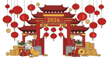 Festive red gateway with lanterns, coins, firecrackers, and 2026