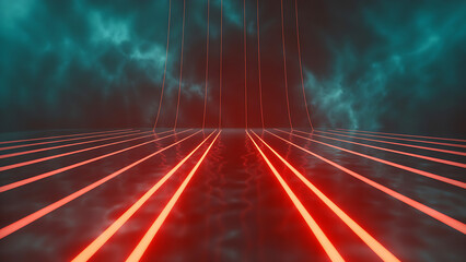 Abstract motion blur of fast traffic on a dark red highway tunnel at night