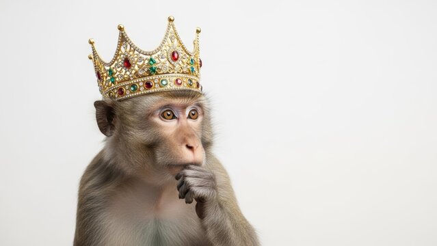 monkey wearing a gold ornate crown, queen or king crown, on a white background, animal photo