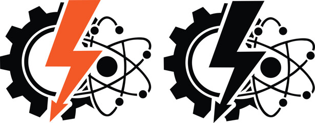 Vector art of set of two icons representing electrical engineering, mechanics, and physics concepts