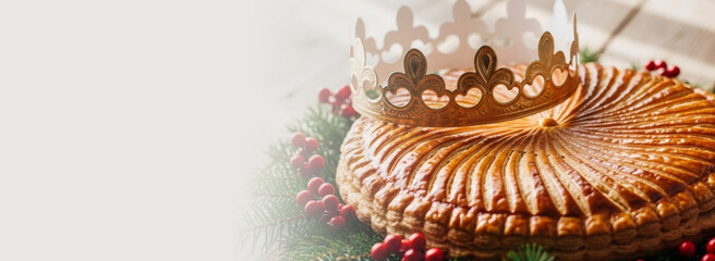 Holiday galette des rois cake with golden king crown on top. Epiphany dessert, a festive sweet pastry for Celebration and Christmas. Banner with copy space