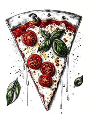 Detailed illustration of a pizza slice with tomatoes, basil, and dripping cheese against a white background