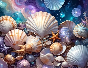 Colorful shells and starfish lay on a starlit shore with pastel-swirled sky