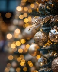Fototapeta premium A close-up of beautifully decorated Christmas tree ornaments, shimmering with golden highlights and soft glowing lights in the background.