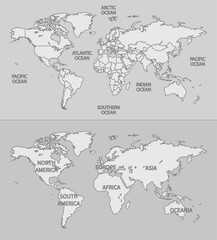 World map with continents and oceans labeled politica