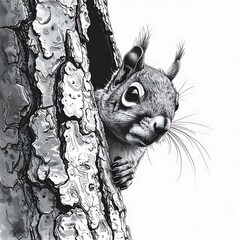 Detailed illustration of a squirrel peering out of a tree hole in monochrome