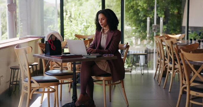 Remote work, typing or woman in cafe with laptop, insight and draft edit of news article. Freelancer, review or journalist in coffee shop with tech, proofreading or fact check for digital publication
