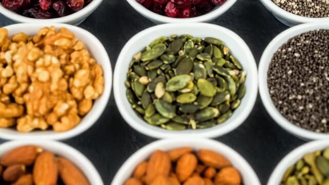 A top-down shot showcases an assortment of health foods, each in a separate white bowl on a dark slate