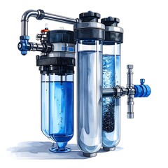 Detailed illustration of a water filtration system with transparent cylinders revealing liquid and components
