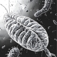 Detailed illustration of microscopic organisms in black and white against a dark background, showcasing cellular details