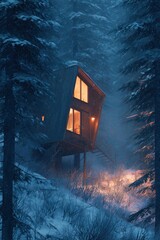 Obraz premium A modern cabin nestled in a snowy forest, illuminated by warm lights, creating a cozy and inviting atmosphere in winter.
