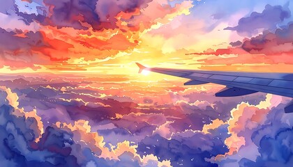 Colorful sky seen through airplane window, vibrant and painterly illustration of sunset over clouds