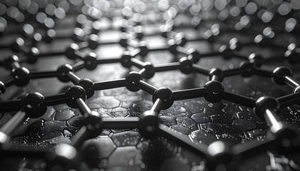 Close-up of a dark, wet, hexagonal molecular structure, with bokeh lights in the background