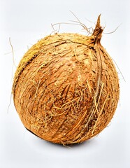 Whole Fresh Coconut Isolated on White Background, Tropical Fruit Rich in Electrolytes and Hydration for Summer Nutrition Concept