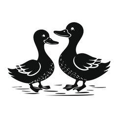 Cute black illustration of two ducks standing together. A charming, minimalist animal design graphics