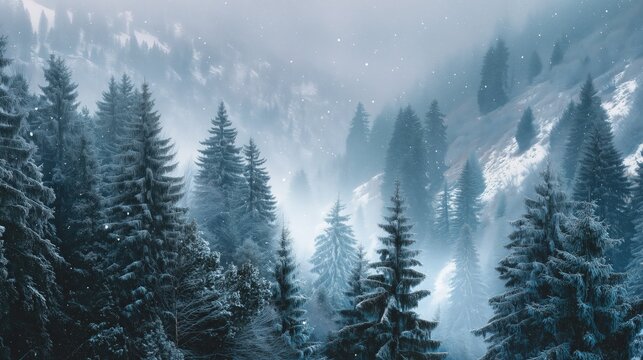 A serene winter landscape featuring a dense forest covered in snow amidst fog, creating a tranquil and mysterious atmosphere. - Powered by Adobe