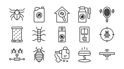 Pest Control line icon set. Insects, rodents, rats, bug spray, traps, extermination, termite, mosquito, cockroach, flea, pest management, home protection icon vector illustration. Pixel-perfect stroke