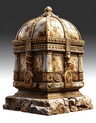 Detailed illustration of weathered ornate golden chest with a domed lid on a rocky base