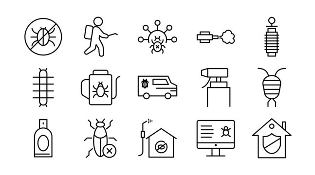 Pest Control line icon set. Insects, rodents, rats, bug spray, traps, extermination, termite, mosquito, cockroach, flea, pest management, home protection icon vector illustration. Pixel-perfect stroke
