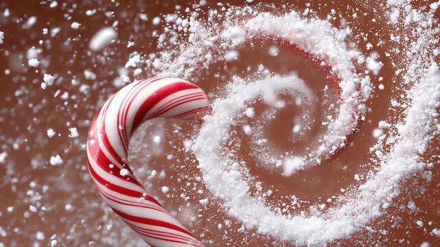 Swirling snowflakes dance around twirling candy cane in festive winter scene