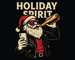 Holiday Spirit Funny Rocker Santa Drinking Beer Retro Illustration