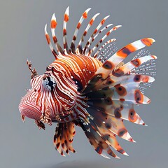 Detailed image of a lionfish with orange, white and maroon stripes on a gray background, showcasing its spiky fins
