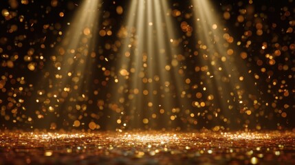 Golden confetti and glitter falling with dramatic spotlight effect