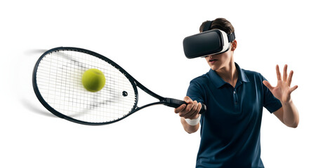 Virtual Reality Tennis Match: A tennis player fully immersed in a virtual reality experience, the action is depicted through a blur of the ball meeting the racket, simulating a fast-paced game. 