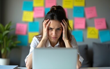 Tired exhausted frustrated businesswoman using laptop, sticky notes with many tasks, checking time on clock running late to work being in delay deadline, overworked multitasking. Lady freelancer