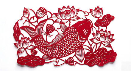 Fototapeta premium Traditional red Chinese paper cut (Jianzhi) of a fish (carp) surrounded by lotus flowers.