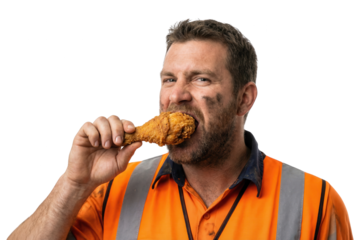 Construction Worker Enjoying Fried Chicken on White Background