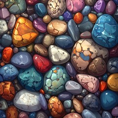 Colorful, smooth stones of varying shapes and sizes fill the space, creating a textured and vibrant abstract pattern