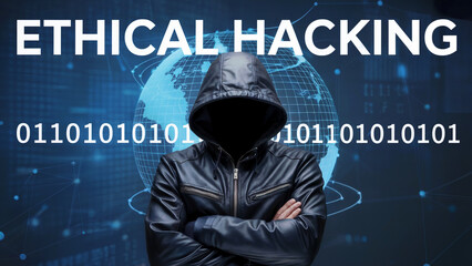 Anonymous hacker in dark leather jacket stands confidently against a global digital network backdrop promoting cybersecurity awareness