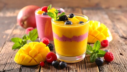 Colorful smoothies topped with berries and mint, on rustic wood, next to mango slices