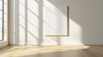 Fototapeta premium Bright studio with white frame on wall, sunlight casting shadows on floor, creating serene atmosphere