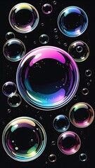 Colorful soap bubbles float against a black background, creating a whimsical and iridescent effect