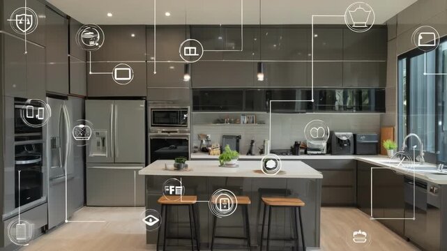 Medium shot of a kitchen where smart appliances operate efficiently highlighting IoT integration for convenient and energysaving home control.