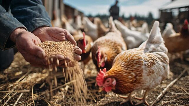 Feeding Chickens on a Farm with Handful of Grain for Happy Livestock