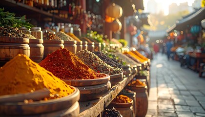 Colorful spice market wooden bowls brimming with vibrant powders on a sunny street market stall